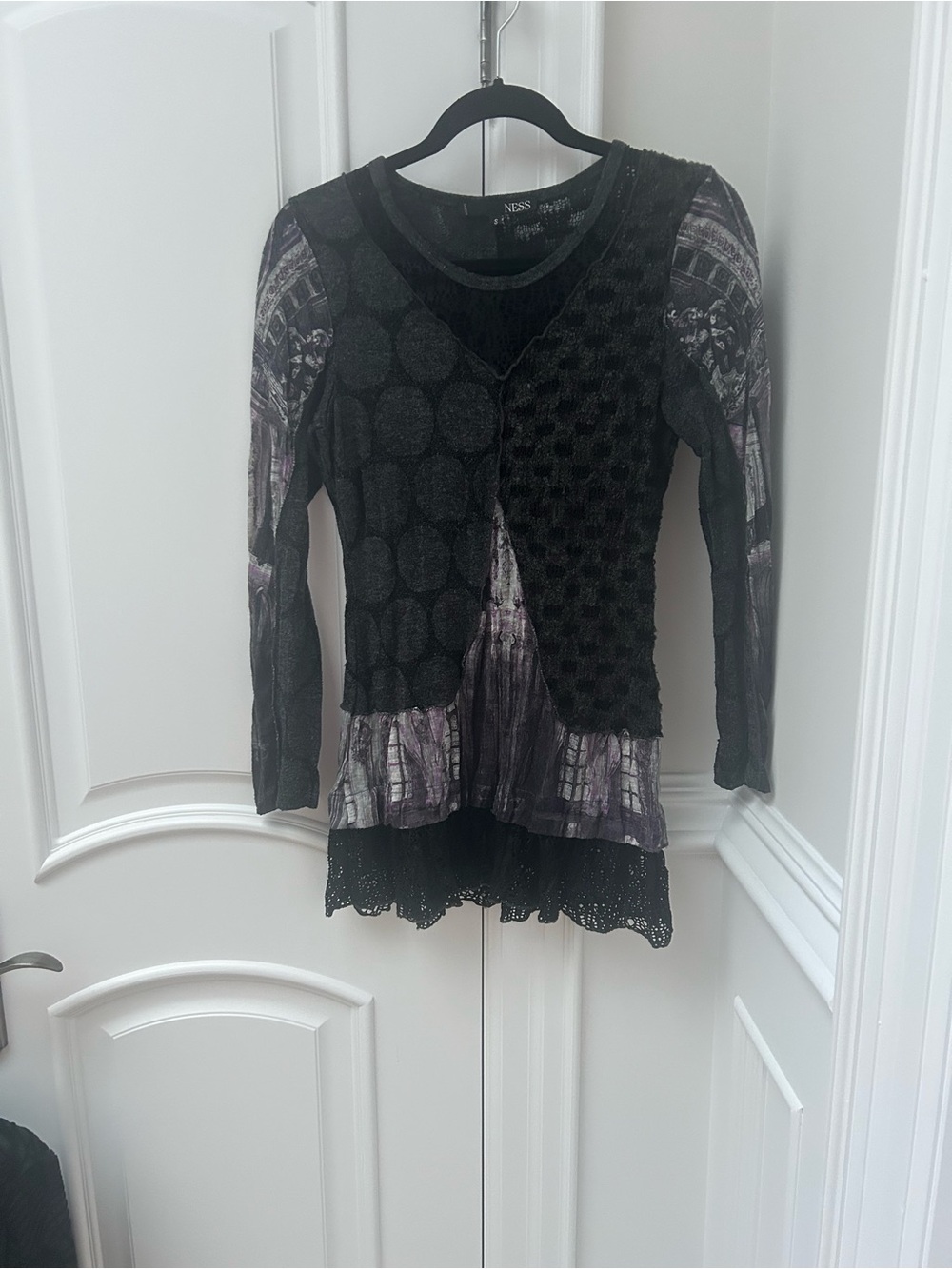 Ness Layered Mixed-Texture Long Sleeve Top in Black and Purple